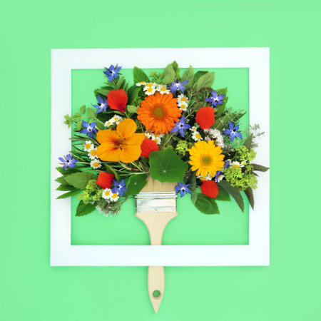 Surreal tree concept shape of summer flowers herbs and wildflowers. Used in herbal plant medicine, seasoning, flower remedies and food decoration. Minimal abstract design on green with white frame.の写真素材