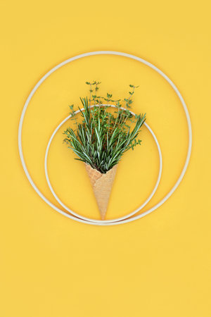 Surreal ice cream waffle cone with fresh rosemary and lemon thyme herb leaf sprigs for food seasoning. Summer or Spring fun abstract concept in circular frames on yellow. Flat lay.の写真素材