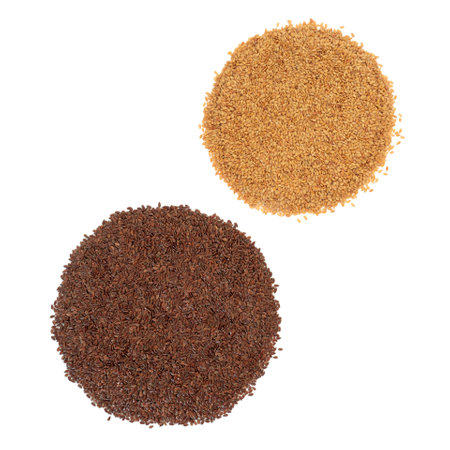 Flax seed, brown and golden varieties. Health food for low cholesterol, blood pressure and blood sugar. Helps with IBS, is a natural laxative rich in nutriitional goodness.の写真素材