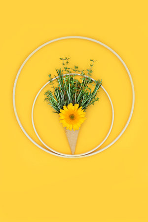 Surreal summer sunshine food concept with ice cream waffle cone, herb leaf sprigs and decorative calendula flower. Abstract edible flower herbs composition.の写真素材