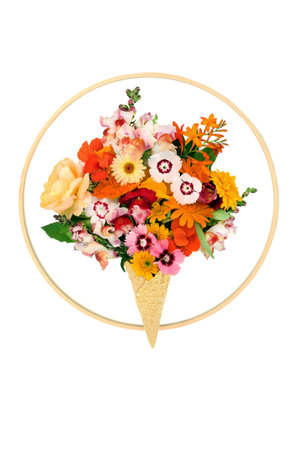 Surreal ice cream waffle cone with summer flowers. Creative symbol with fora also used in natural herbal plant medicine. Abstract nature concept on white background. Flat lay.の写真素材
