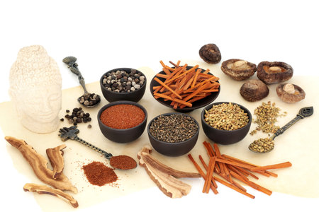 Chinese herbal medicine with traditional herbs and spice collection used in natural alternative healthcare with stone Buddha statue. Holistic inner peace harmony mindfulness concept.の写真素材