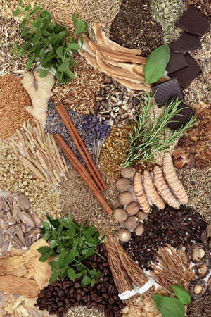 Nervine food collection herbal plant medicine for relaxing or stimulating the nervous system. Healthy natural stress relieving alternative health care. Flat lay.の写真素材