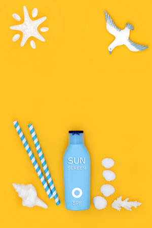 Sun screen lotion factor fifty for summer skincare protection with blue container bottle, seaside...