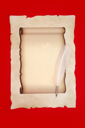 Parchment paper scroll with white feather quill pen on red background. 0ld fashioned writing equipment for diploma, manuscript, letter, invitation.の写真素材