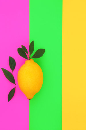 Lemon citrus fruit health food abstract design on pink green yellow background. High in bio flavonoids, antioxidants, vitamin c. Dieting and immune system boost.の写真素材