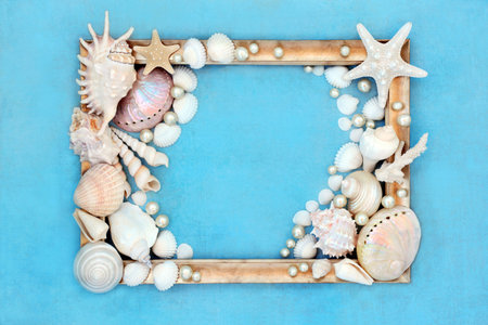 Sea shell and pearl abstract gold picture frame design on mottled blue background. Natural nature design with large collection of shells.の写真素材