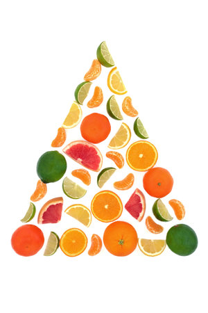 Surreal healthy citrus fruit tree concept on white background. Fun fresh food design. Fruits high in antioxidants, bio flavonoids and vitamin c.の写真素材