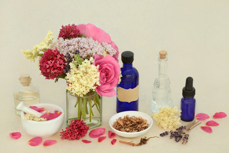 Adaptogen herbal medicine herbs and flowers with valerian root, rose, elder and lavender. Medicinal calming food ingredient preparation with mortar, tincture, oil and water bottles.の写真素材