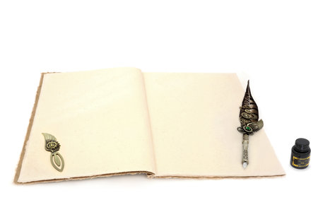 Ancient stationery writing equipment with retro feather quill pen, hemp notebook, opener,  ink bottle on white background. Letter, document, journal, manuscript concept.