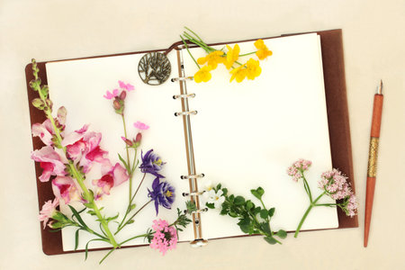 Flowers herbs and wildflowers with notebook and ink pen. Used in aromatherapy and natural herbal medicine  for alternative remedies on hemp paper background.の写真素材
