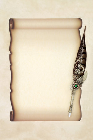 Antique feather quill pen on parchment paper scroll background. 0ld fashioned stationery writing equipment for letter, diploma, document, manuscript, letter, invitation.の写真素材