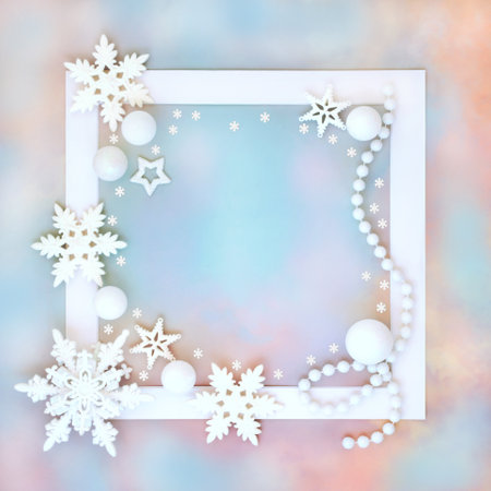 Christmas frosted bauble ornaments on white frame on rainbow sky background. Festive abstract fantasy north pole design for the holiday season.の写真素材