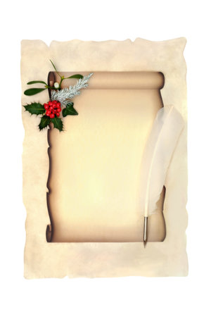 Christmas Eve letter to santa scroll on parchment paper and white background with feather pen holly mistletoe winter greenery Old fashioned holiday retro Xmas design.の写真素材