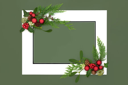 Christmas background border with red baubles, winter flora with white frame on green. Traditional design for greeting card, label, invitation, menu, gift tag.の写真素材