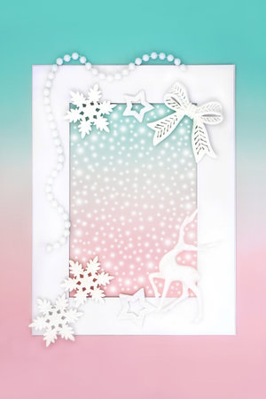 Christmas  north pole magical background border frame on green pink background. Festive abstract design  with reindeer baubles and snowflakes.の写真素材