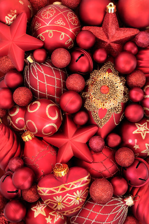 Christmas luxury red gold bauble tree decorations abstract background, Festive Merry Christmas traditional design for greeting card.の写真素材