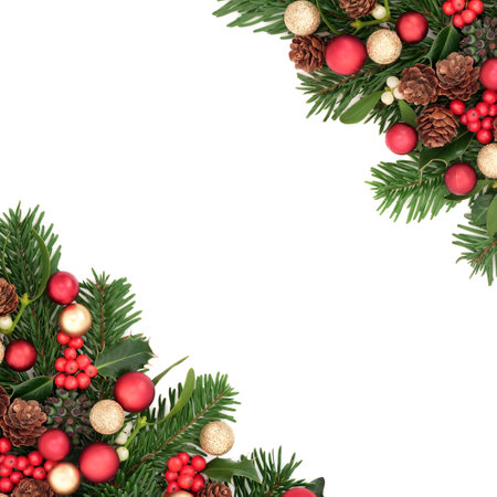 Happy Christmas background border of red gold bauble decorations and winter flora. Happy holidays festive design for greeting card, label, gift tag, Noel ,Yule, winter on white.の写真素材