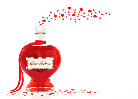 Heart shaped love potion bottle and loose red heart confetti decorations on white background. Valentines Day concept with fantasy magical romantic elixir concoction.の写真素材