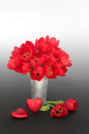Red heart and tulip flower romantic still life on gradient gray white background. Floral Spring, Valentines Day, Anniversary or Mothers Day composition.の写真素材