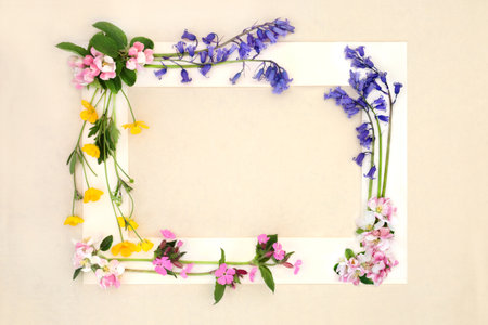 Spring Beltane flower frame with bluebell, apple blossom, red campion, buttercup flowers. Floral nature design with cream border on hemp paper background. Label, invitation, greeting card.の写真素材