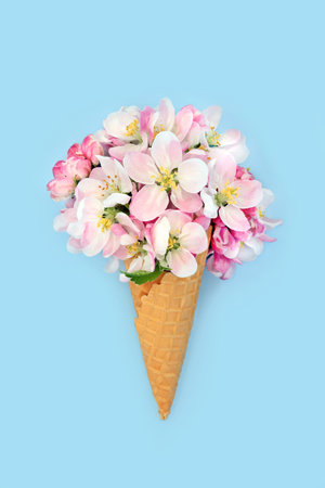 Surreal Spring Easter ice cream waffle cone with apple blossom flowers. Fun eccentric food surrealistic abstract design for birthday, mothers day, logo or label on pastel blue background.の写真素材