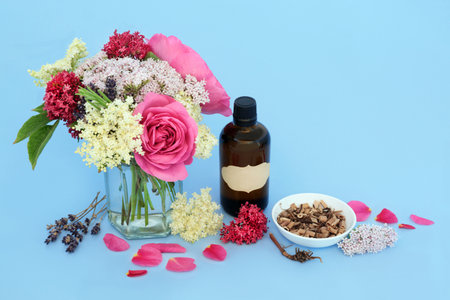 Healing adaptogen flowers and herbs with valerian root, rose, elder and lavender flowers used in natural herbal medicine. Medicinal sedative food ingredients with tincture bottle on blue.の写真素材