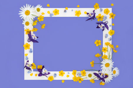 Spring flower and wildflower background frame on purple. Floral Beltane design with daisy, aquilega, forget me not  and buttercup flowers used in natural alternative herbal medicine.の写真素材