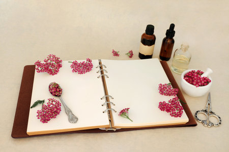 Achillea yarrow herb flower preparation. Alternative natural herbal medicine with notebook, tincture and oil bottles and mortar. Treats hemorrhoids, wounds, bloating, flatulence. On hemp paper.の写真素材