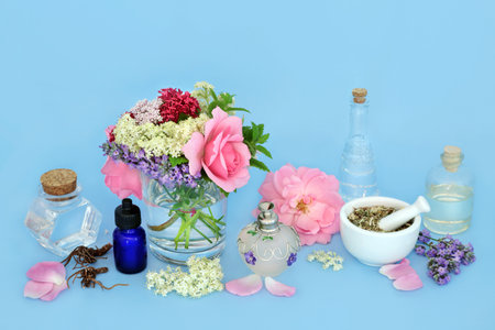 Homeopathic flowers and herbs used in natural herbal medicine. Preparation of medicinal sedative flora food ingredients on blue.の写真素材