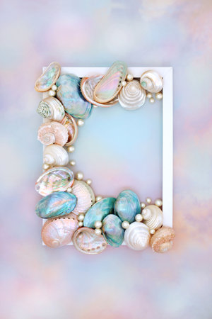 Shell and pearl abstract frame  on rainbow sky background with collection of mother of pearl shells. Natural summer nature design, beach and seaside art.の写真素材