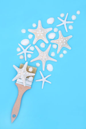 Surreal paintbrush art with starfish and cockle seashell splash design on blue background. Nature sea life fun surrealistic summer painting composition.の写真素材