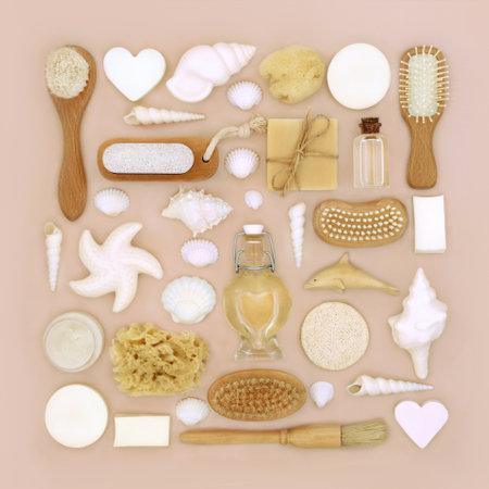 Skincare with bath and spa natural beauty treatment products, body care accessories for healthy skin on neutral beige background. Square design with decorative shell soaps and shells.の写真素材