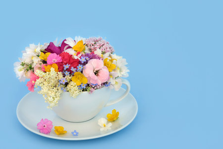 Surreal summer flowers and wildflowers teacup decoration on blue background. Floral fun abstract food medicinal nature surrealism design.の写真素材