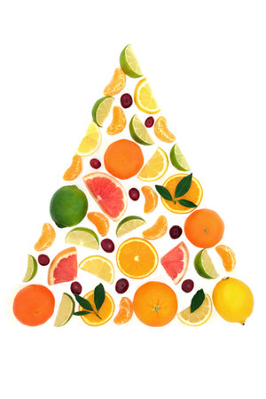 Surreal citrus and berry fruit tree shape abstract on white background. Healthy fresh food concept with leaves high in antioxidants and vitamin c for immune system boost.の写真素材