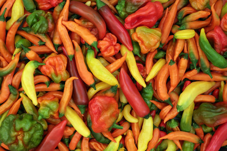 Chili pepper vegetables vivid colorful background. Local gardening produce abundant organic harvest nature composition.の写真素材