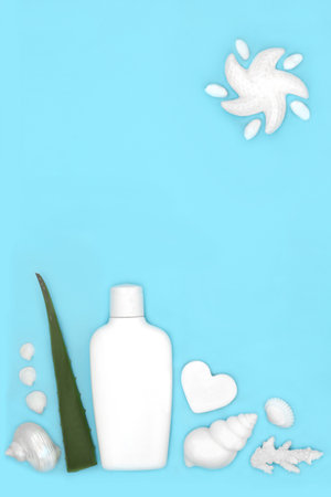 Aloe vera natural skincare moisturizer. Summer moisturizing protection with abstract starfish soap sun design and decorative seashells on blue background.の写真素材