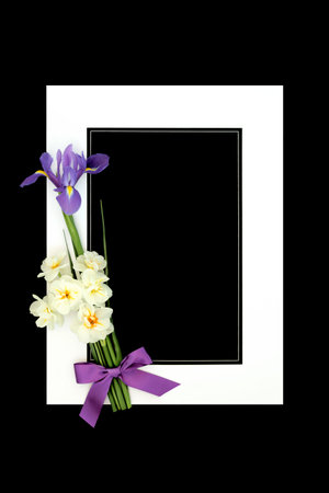 Rest in Peace in sympathy background with flowers with white frame on black. Minimal celebration of life design for funeral or order of service card.の写真素材