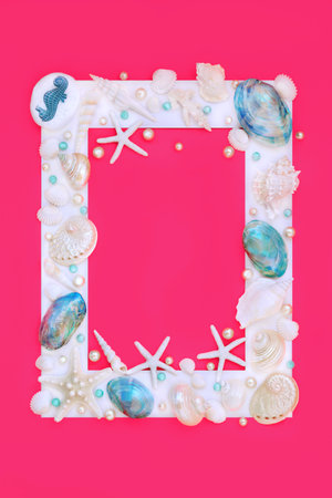 Sea shells and pearls decorative background on vivid pink with white frame. Abstact nature marine...