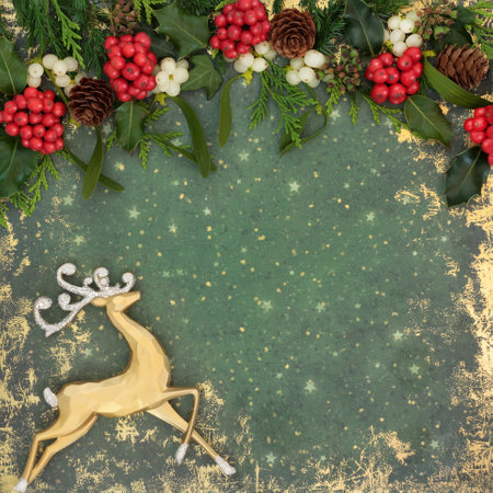 Christmas Eve reindeer background with red holly berries, mistletoe, ivy, cedar, juniper fir flora on grunge green gold. Festive symbols for Xmas, Yule, Noel.の写真素材