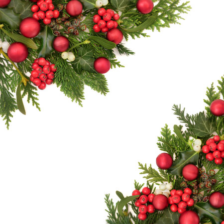 Winter greenery Christmas red bauble floral background on white. Holly ivy mistletoe, cedar fir and pinecone natural design for festive holiday season.の写真素材