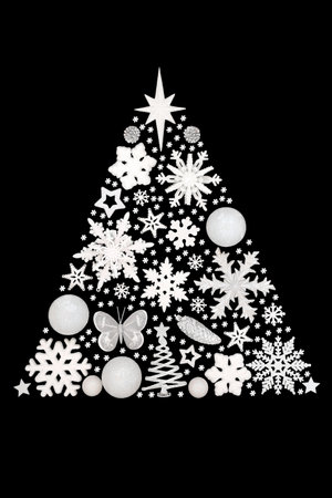 Christmas tree fantasy concept shape with white frosted decorations on black background. Surreal design with snowflake, star, pine cone, butterfly ornaments.の写真素材