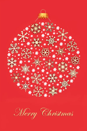 Christmas snowflake bulb bauble abstract round shape decoration concept on red background. Festive nostalgic surreal logo motif for Yule, Noel, Xmas. With text.の写真素材