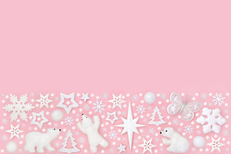 Christmas North Pole polar bear snowflake star bulb snow pink decoration background border. Fantasy concept design for Xmas, Yule, Noel. Greeting card, gift tag, label.の写真素材