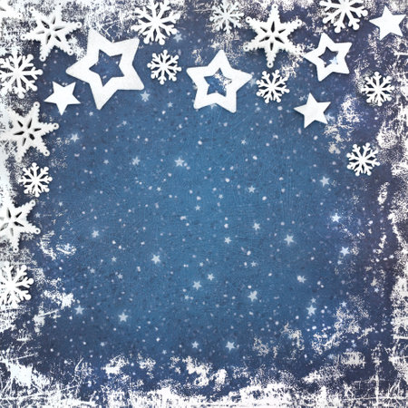 Fantasy festive christmas snowflake star snow blue background border. Abstract frosted decoration design for Yule, Noel, Xmas. Greeting card, invitation, gift tag, label.の写真素材