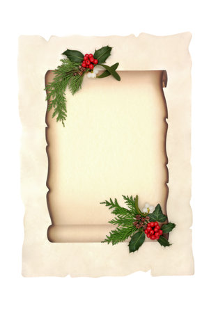 Christmas parchment paper scroll for invitation or Santa letter on white background. Festive holiday season with holly, mistletoe berries and winter nature greeneryの写真素材