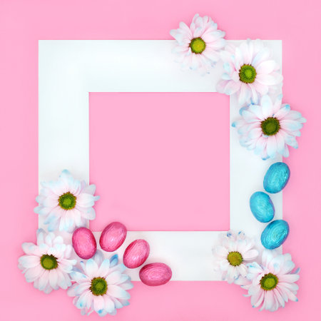 Easter spring blue tipped white daisy flower background border with chocolate eggs. Abstract holiday seasonal design on pink background.の写真素材
