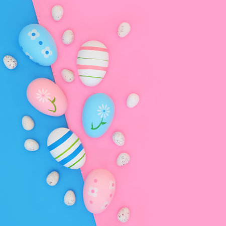 Easter decorated and mini eggs abstract design on pink blue diagonal background. Seasonal symbols for holiday seasonの写真素材