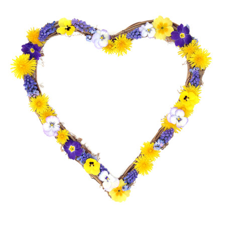 Heart shape floral wreath with Spring flowers on white. Symbol of love for Beltane festival, Valentines Day, Mothers Day, birthday, wedding or anniversary greeting card.の写真素材