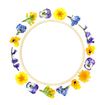 Spring flower wreath with wooden frame. Floral nature springtime logo design for Beltane festival, Mothers Day, birthday, anniversary greeting card. On white.の写真素材
